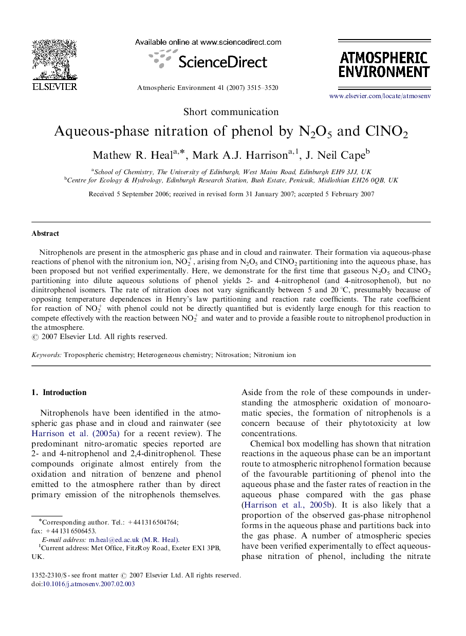 Aqueous-phase nitration of phenol by N2O5 and ClNO2