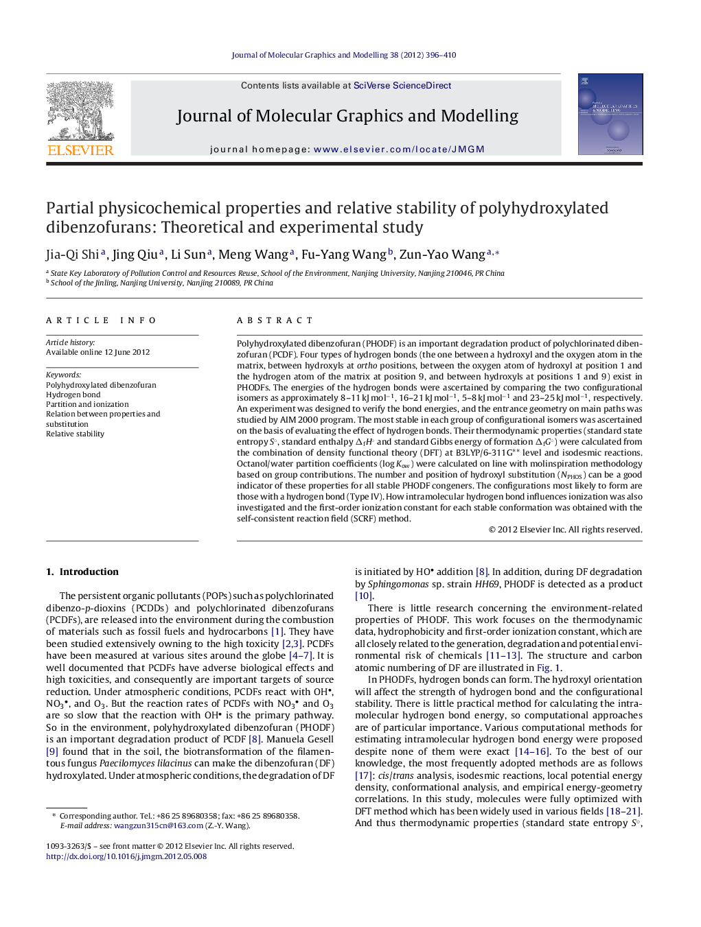 Partial physicochemical properties and relative stability of polyhydroxylated dibenzofurans: Theoretical and experimental study