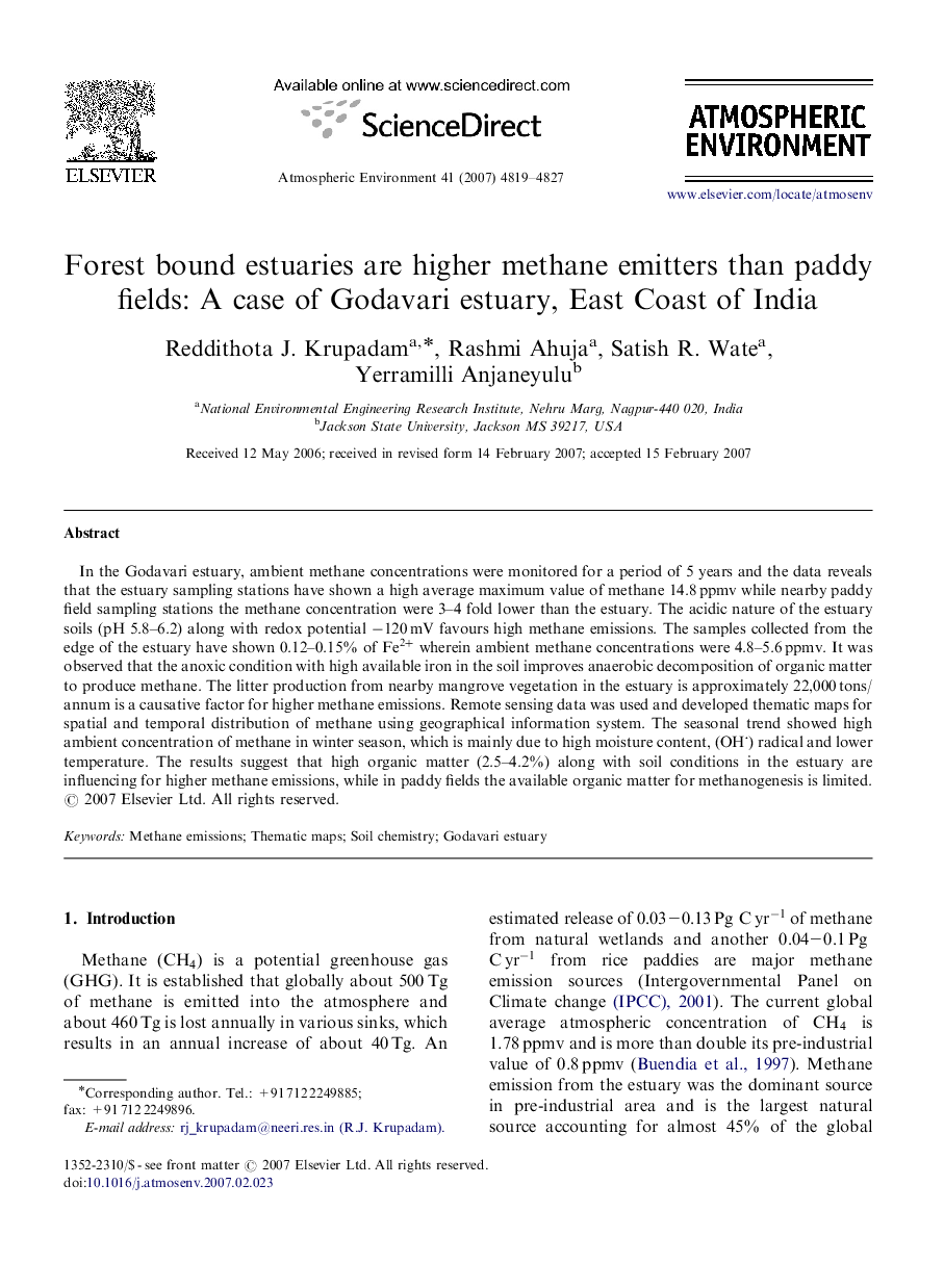 Forest bound estuaries are higher methane emitters than paddy fields: A case of Godavari estuary, East Coast of India