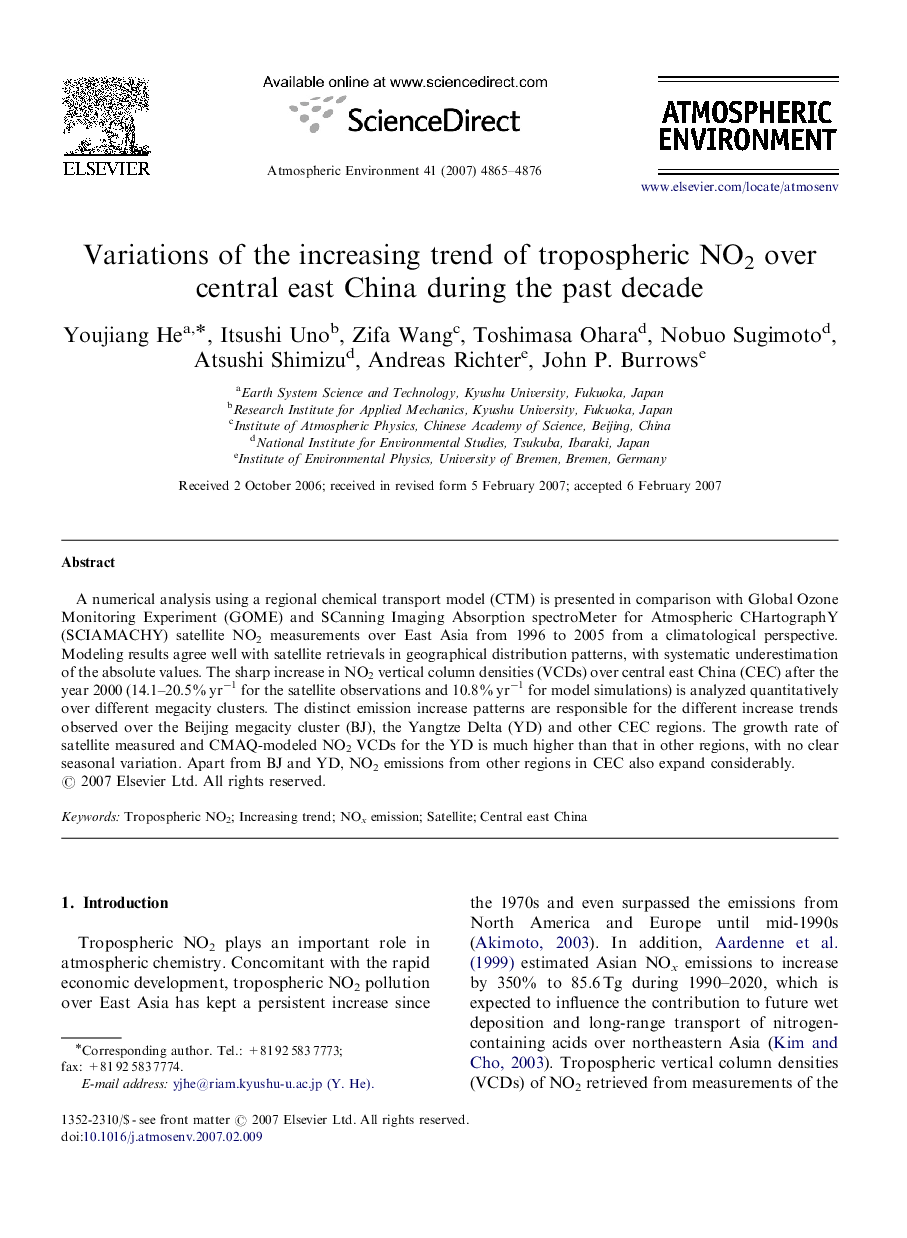 Variations of the increasing trend of tropospheric NO2 over central east China during the past decade