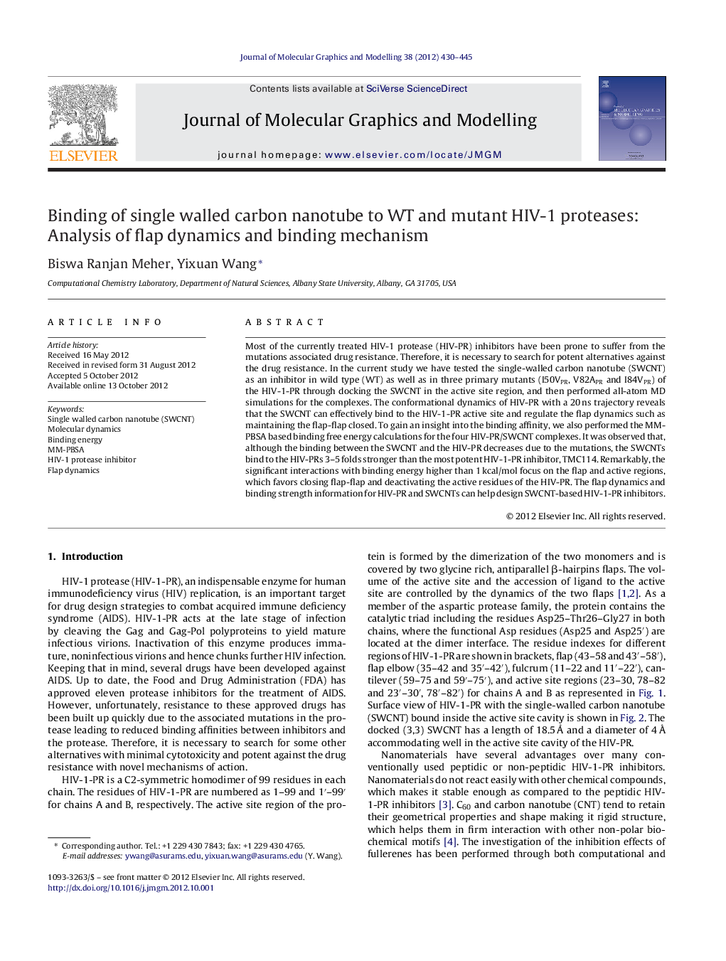 Binding of single walled carbon nanotube to WT and mutant HIV-1 proteases: Analysis of flap dynamics and binding mechanism