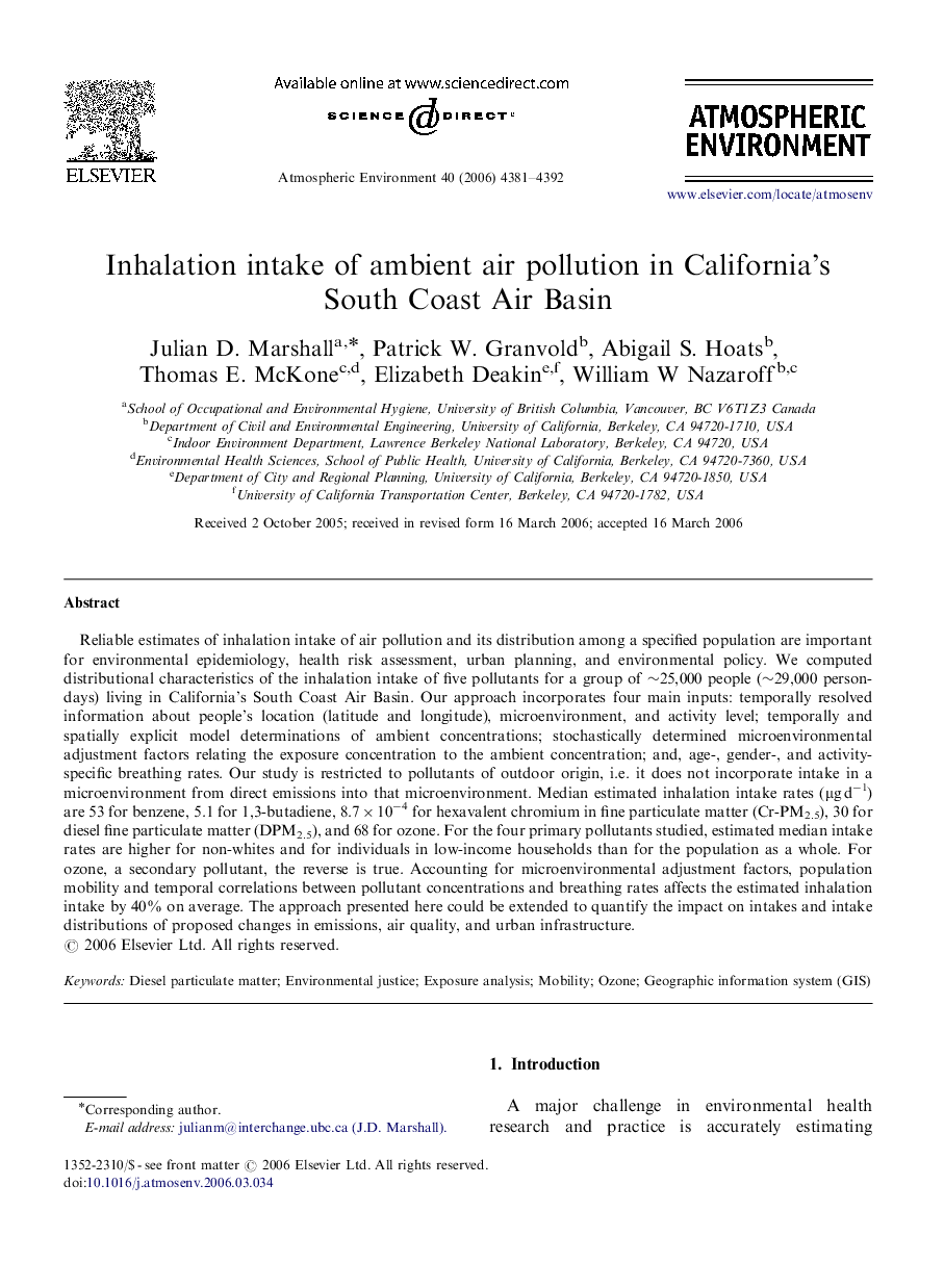 Inhalation intake of ambient air pollution in California's South Coast Air Basin