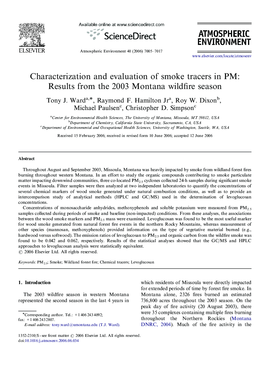 Characterization and evaluation of smoke tracers in PM: Results from the 2003 Montana wildfire season