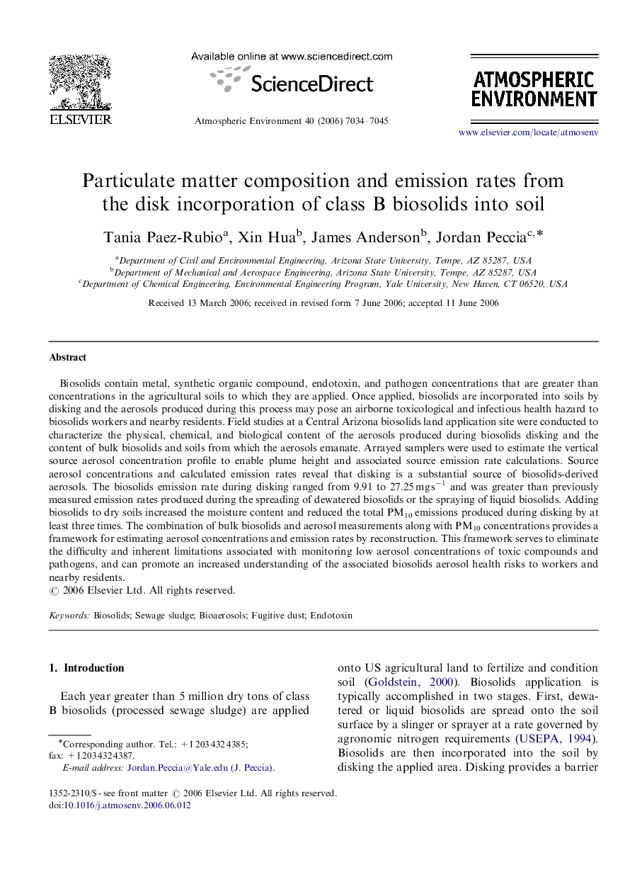 Particulate matter composition and emission rates from the disk incorporation of class B biosolids into soil