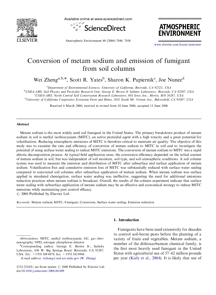 Conversion of metam sodium and emission of fumigant from soil columns