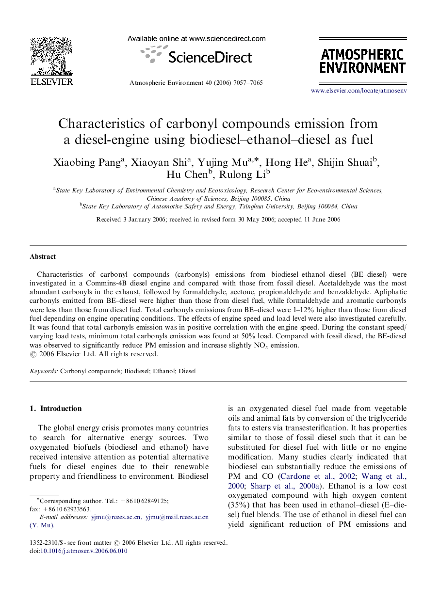 Characteristics of carbonyl compounds emission from a diesel-engine using biodiesel–ethanol–diesel as fuel