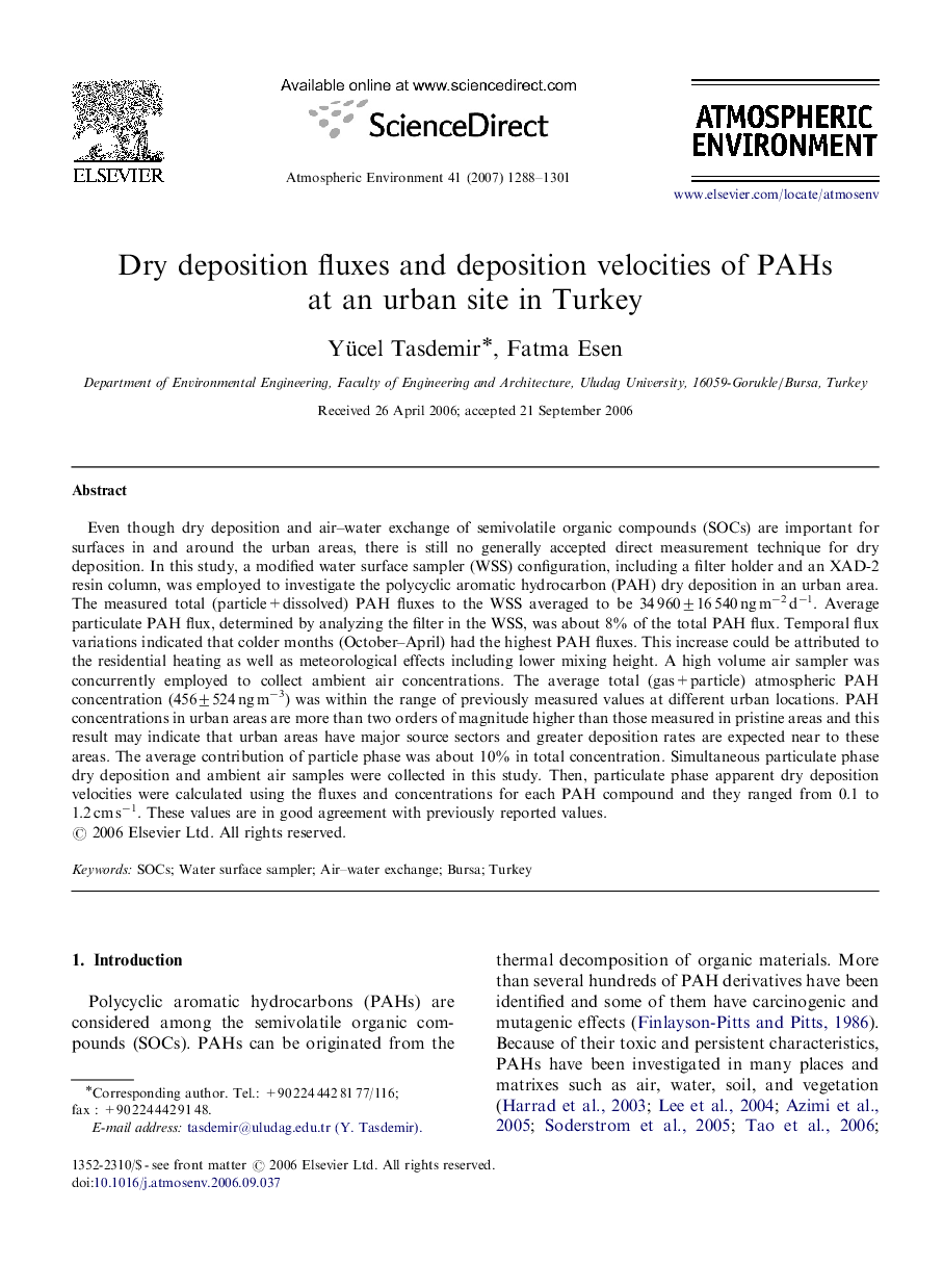 Dry deposition fluxes and deposition velocities of PAHs at an urban site in Turkey