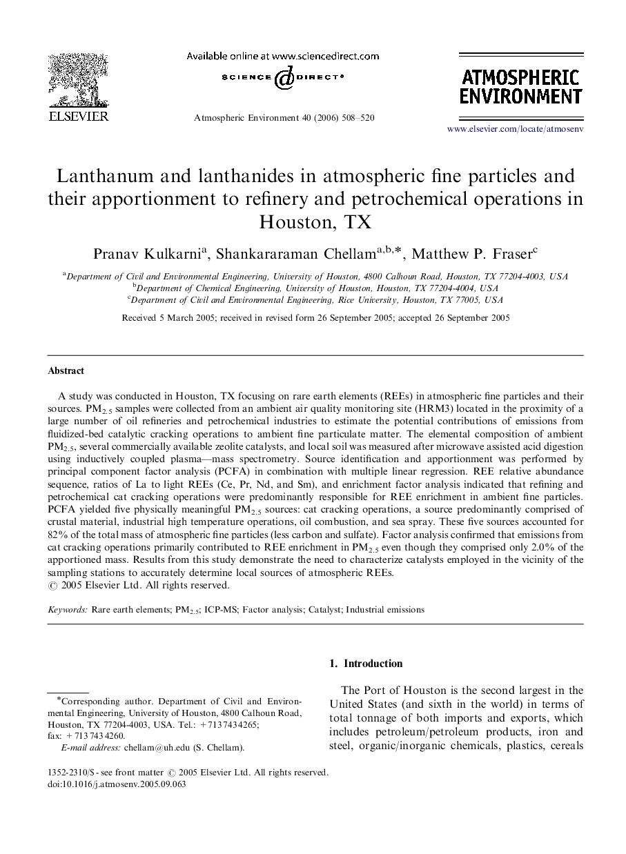 Lanthanum and lanthanides in atmospheric fine particles and their apportionment to refinery and petrochemical operations in Houston, TX