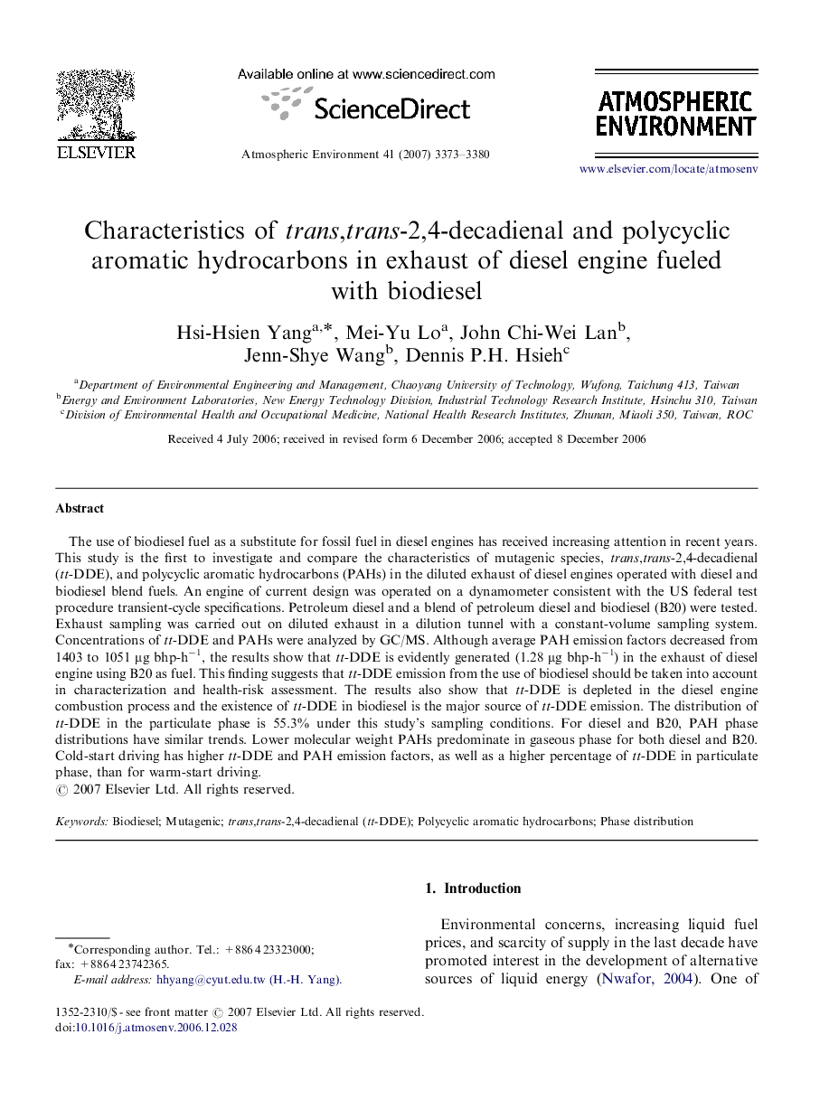 Characteristics of trans,trans-2,4-decadienal and polycyclic aromatic hydrocarbons in exhaust of diesel engine fueled with biodiesel