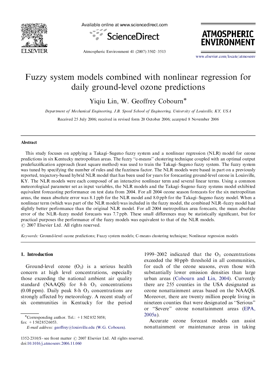 Fuzzy system models combined with nonlinear regression for daily ground-level ozone predictions