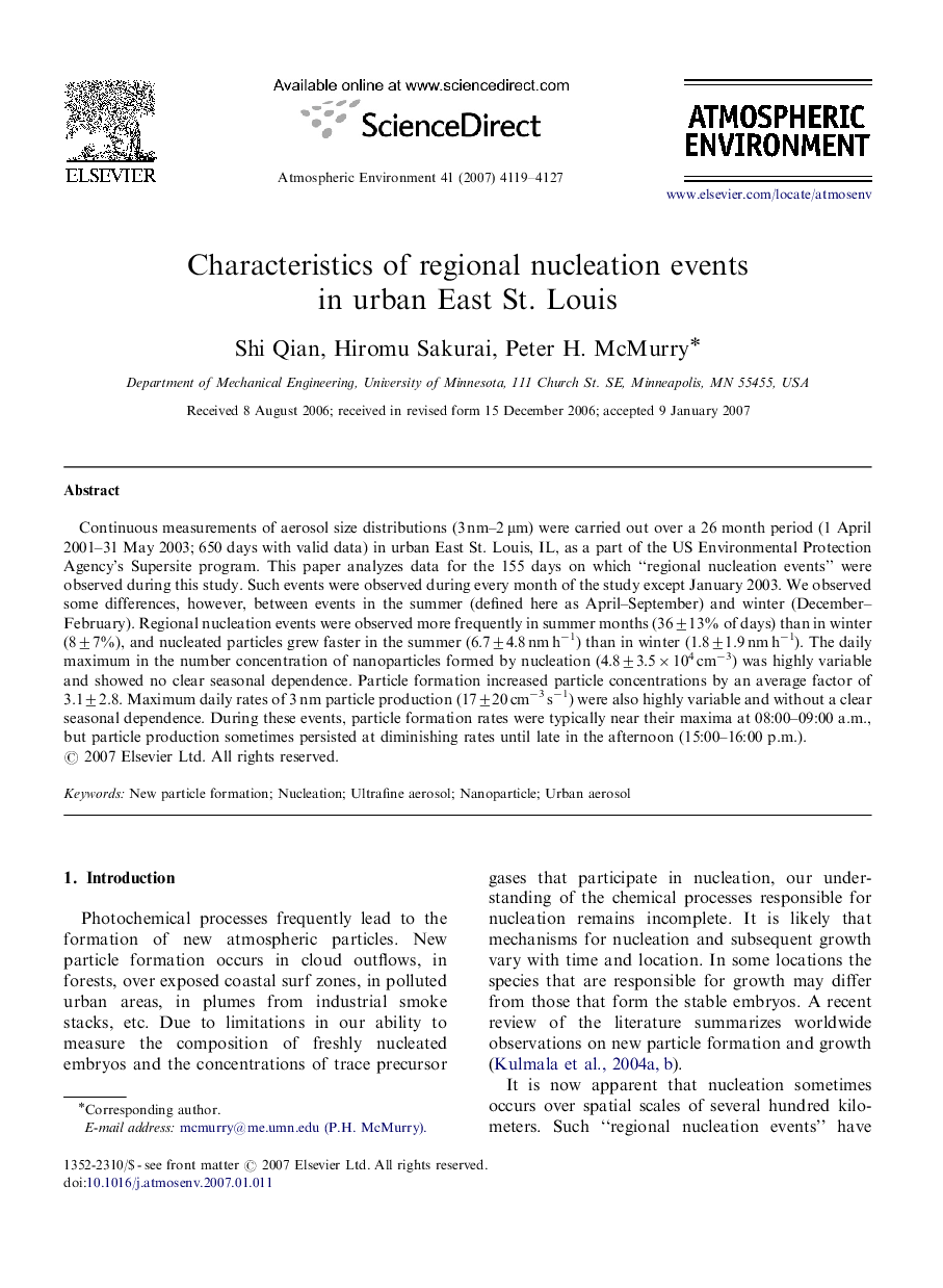 Characteristics of regional nucleation events in urban East St. Louis