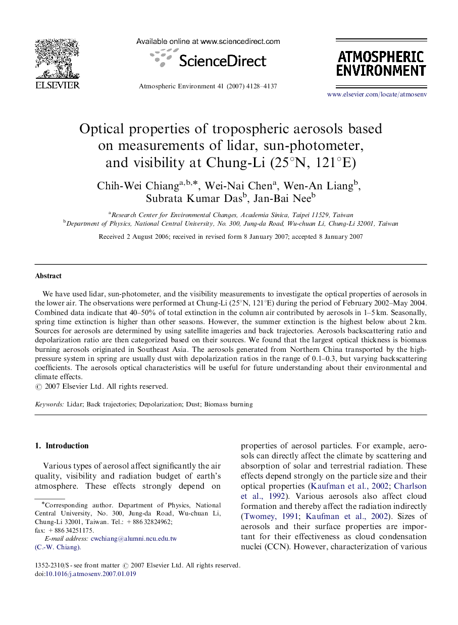 Optical properties of tropospheric aerosols based on measurements of lidar, sun-photometer, and visibility at Chung-Li (25°N, 121°E)