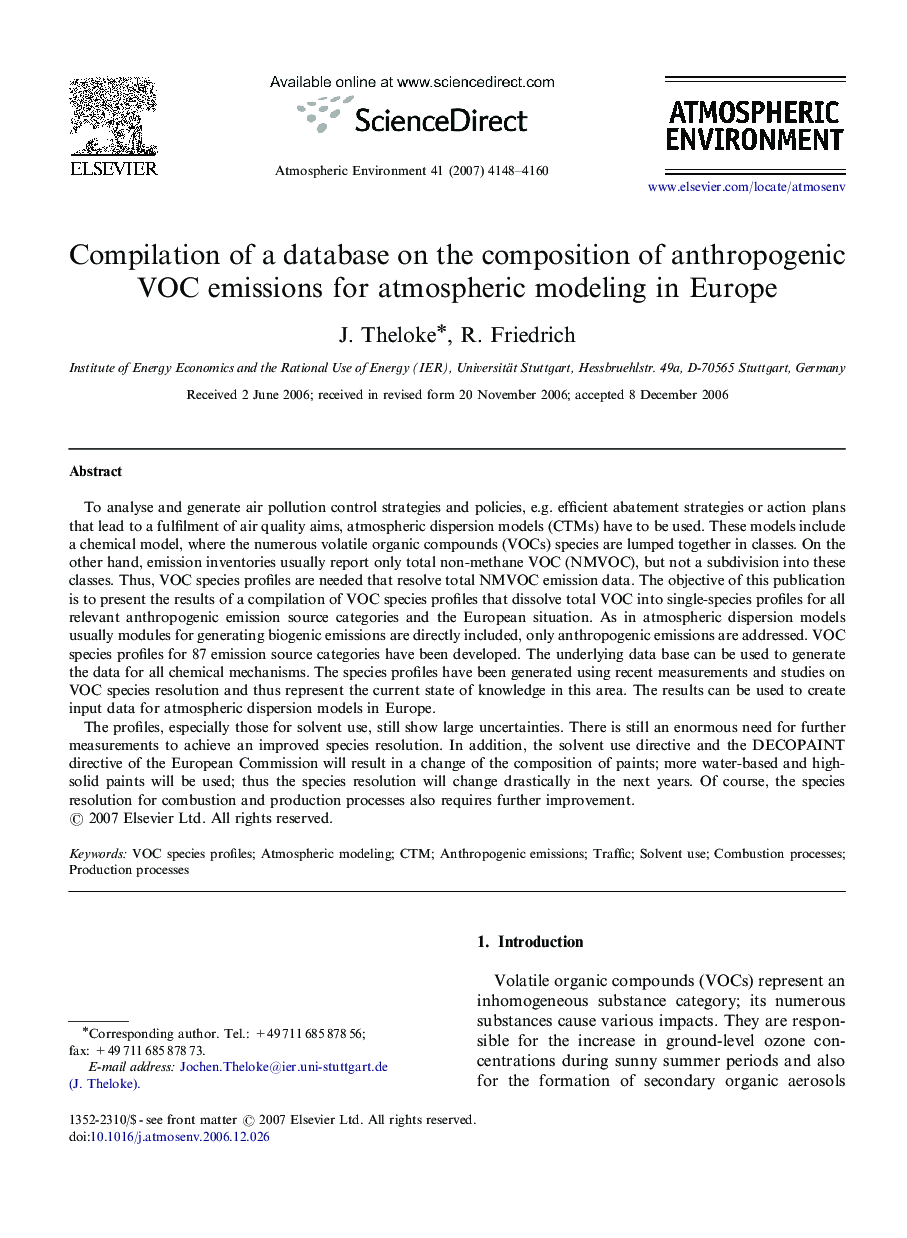 Compilation of a database on the composition of anthropogenic VOC emissions for atmospheric modeling in Europe