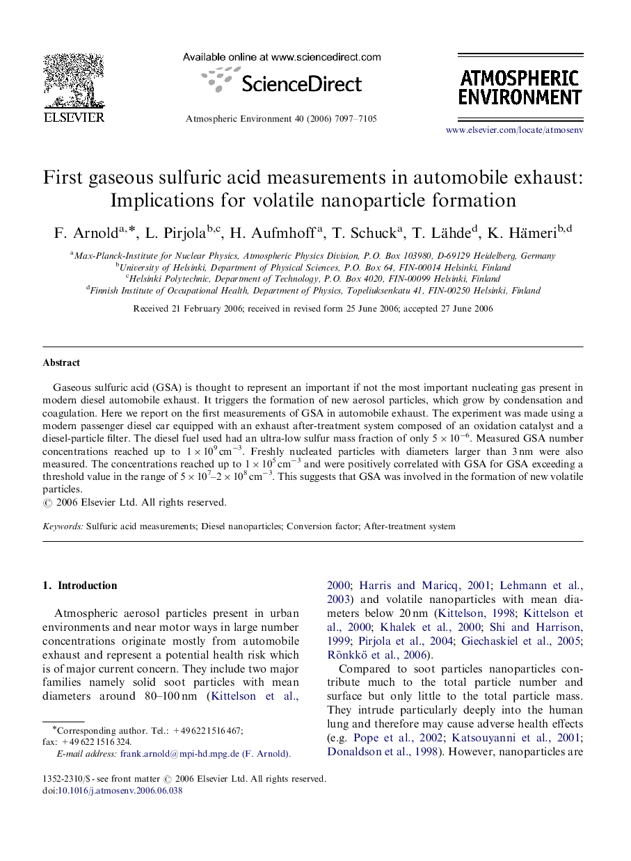 First gaseous sulfuric acid measurements in automobile exhaust: Implications for volatile nanoparticle formation