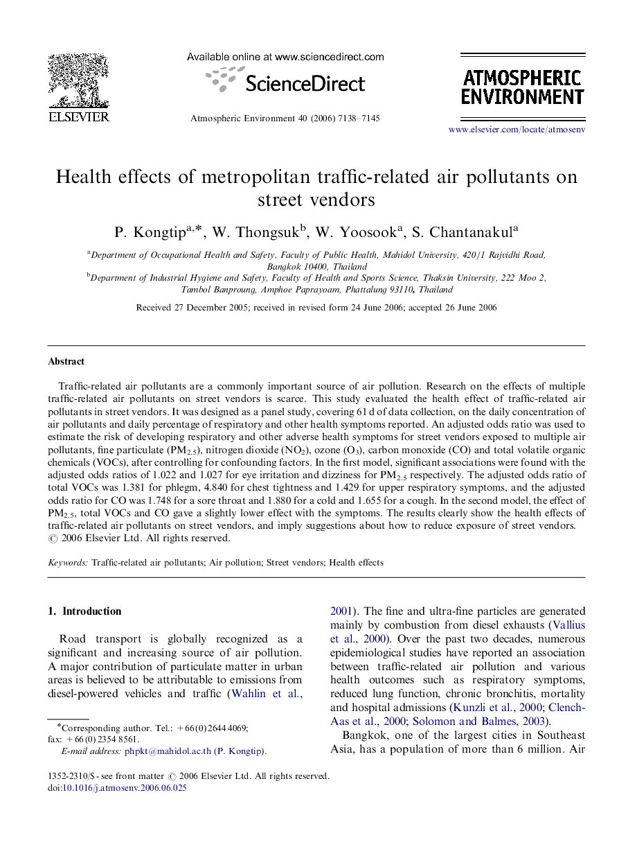 Health effects of metropolitan traffic-related air pollutants on street vendors