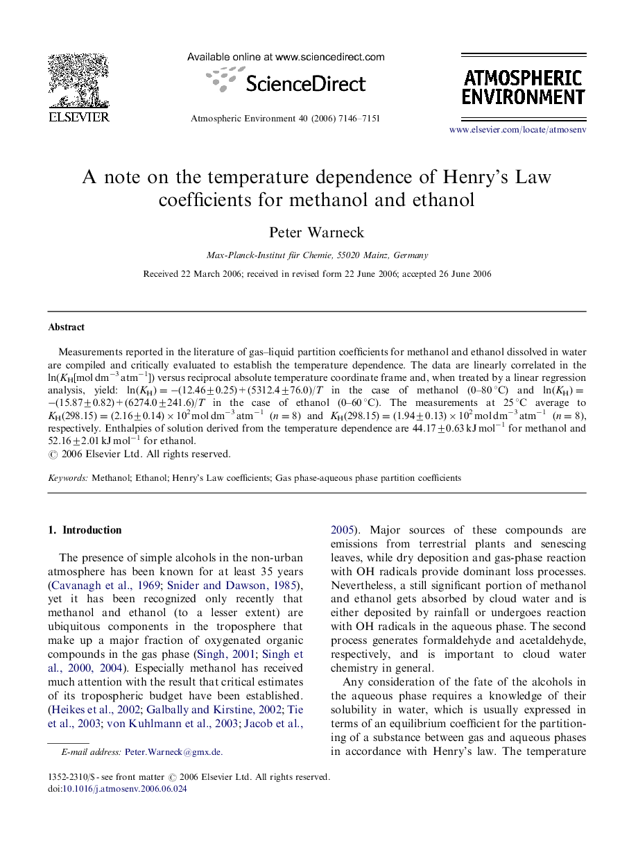 A note on the temperature dependence of Henry's Law coefficients for methanol and ethanol