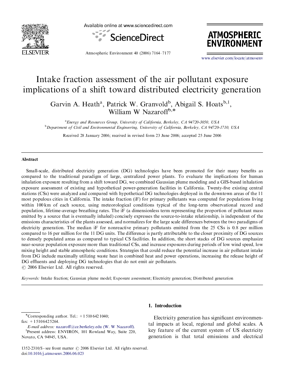 Intake fraction assessment of the air pollutant exposure implications of a shift toward distributed electricity generation