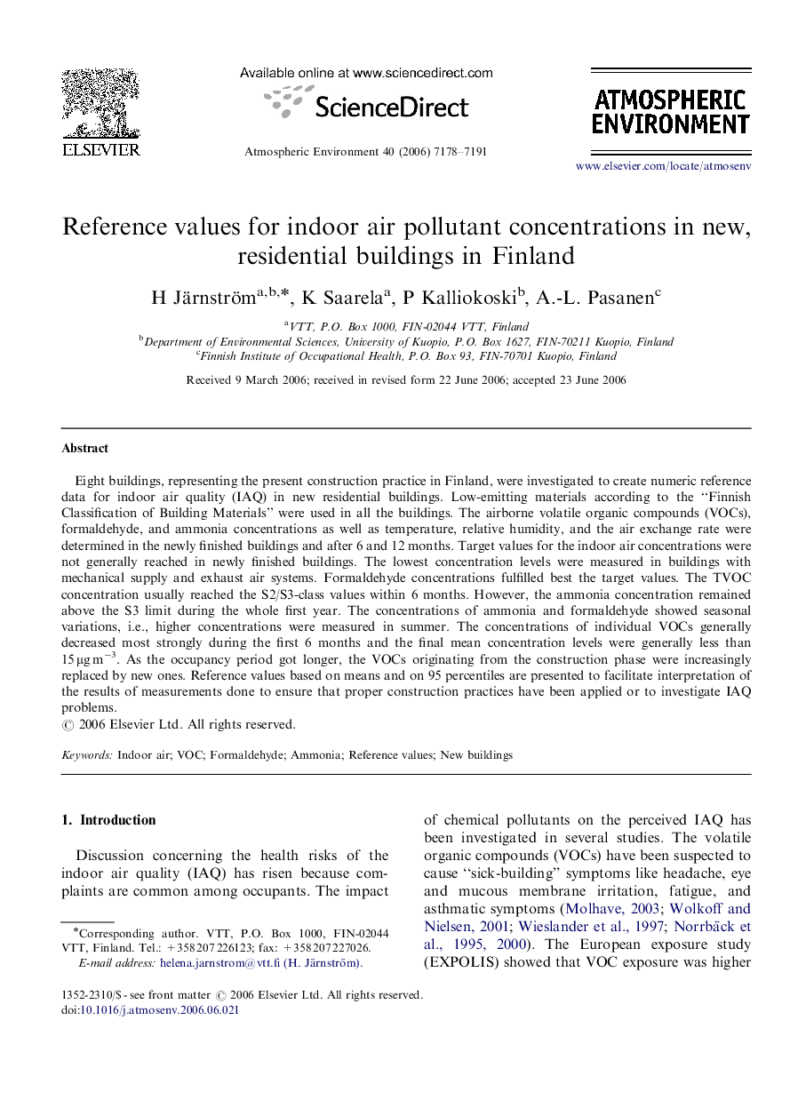 Reference values for indoor air pollutant concentrations in new, residential buildings in Finland