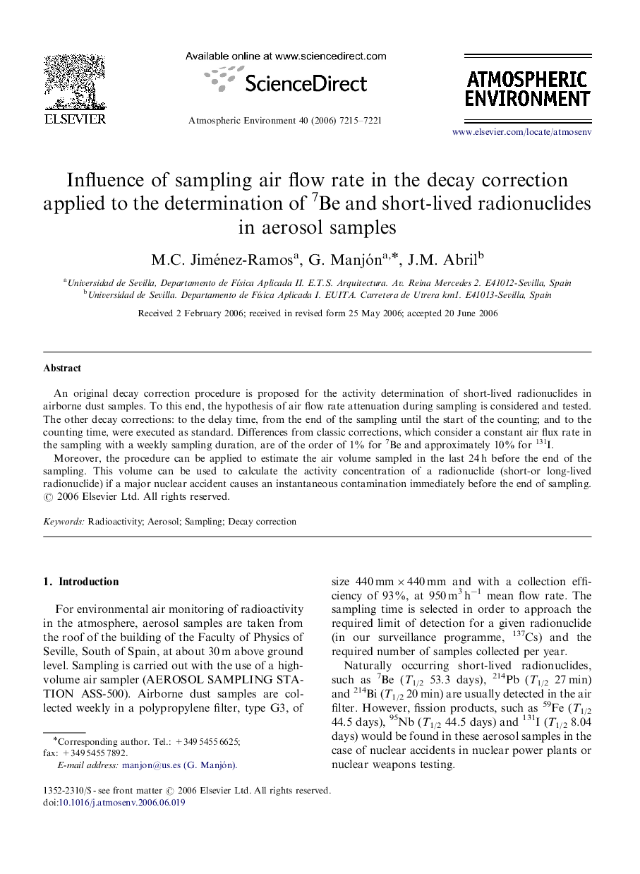 Influence of sampling air flow rate in the decay correction applied to the determination of 7Be and short-lived radionuclides in aerosol samples