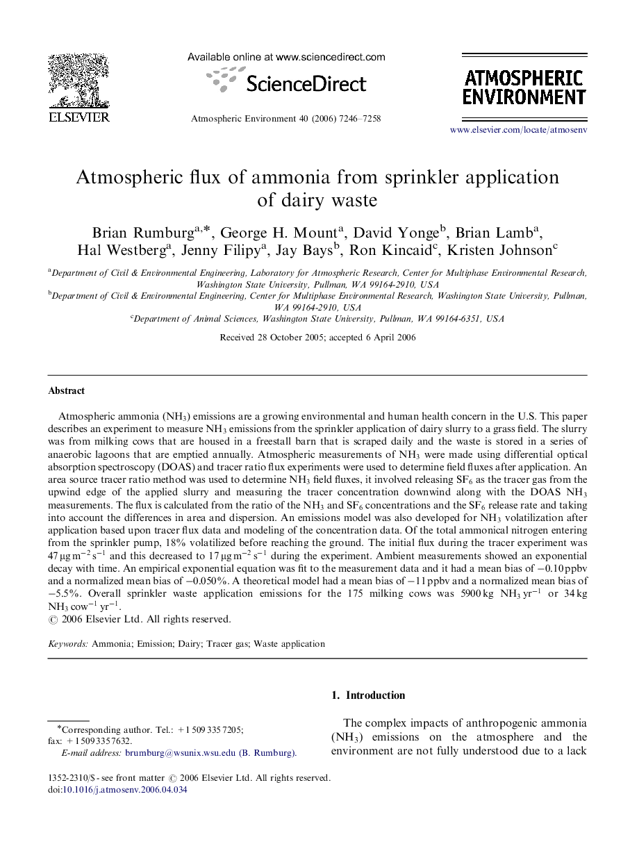 Atmospheric flux of ammonia from sprinkler application of dairy waste