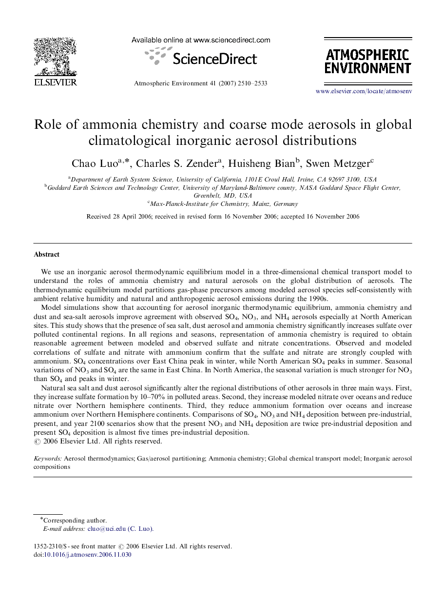 Role of ammonia chemistry and coarse mode aerosols in global climatological inorganic aerosol distributions