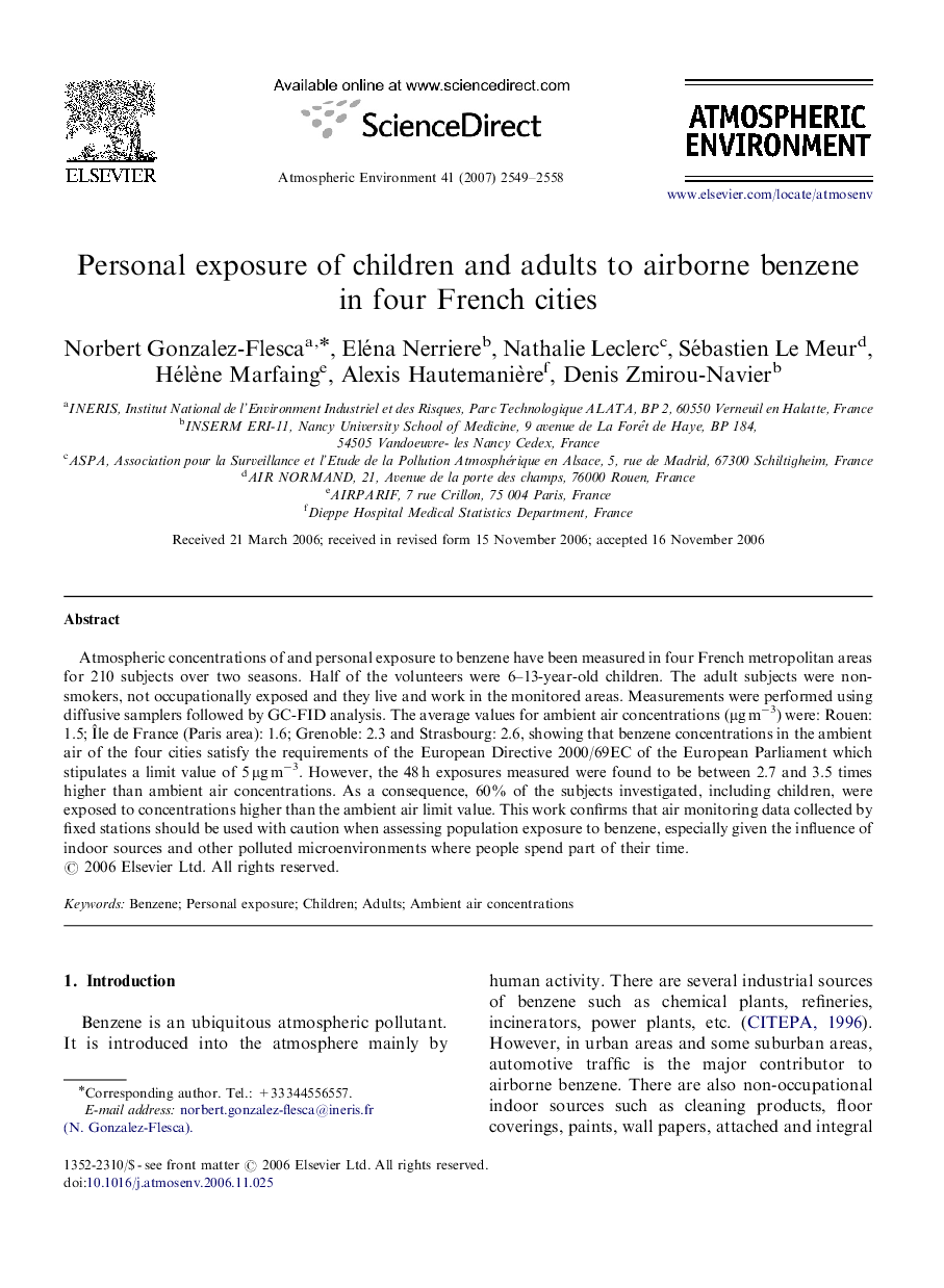 Personal exposure of children and adults to airborne benzene in four French cities