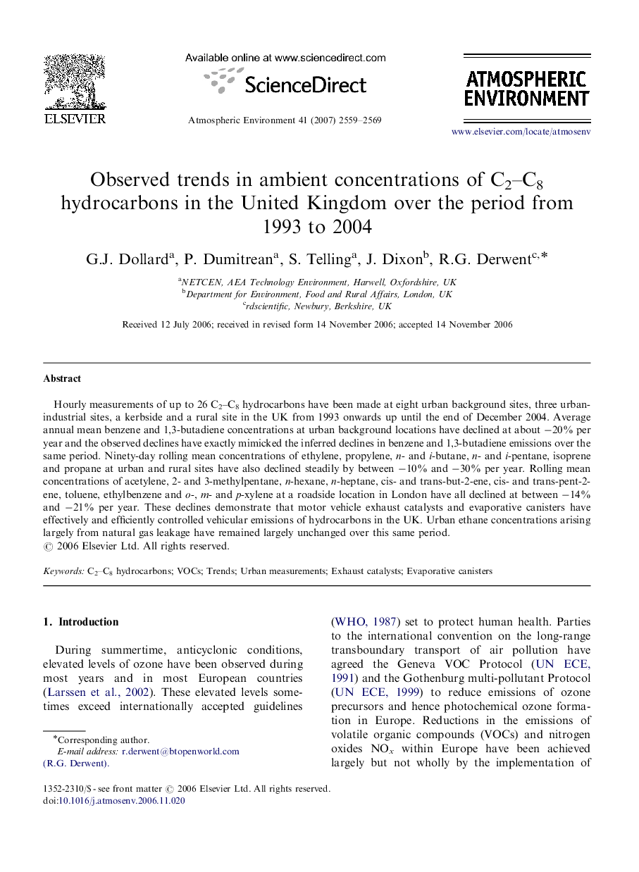 Observed trends in ambient concentrations of C2–C8 hydrocarbons in the United Kingdom over the period from 1993 to 2004