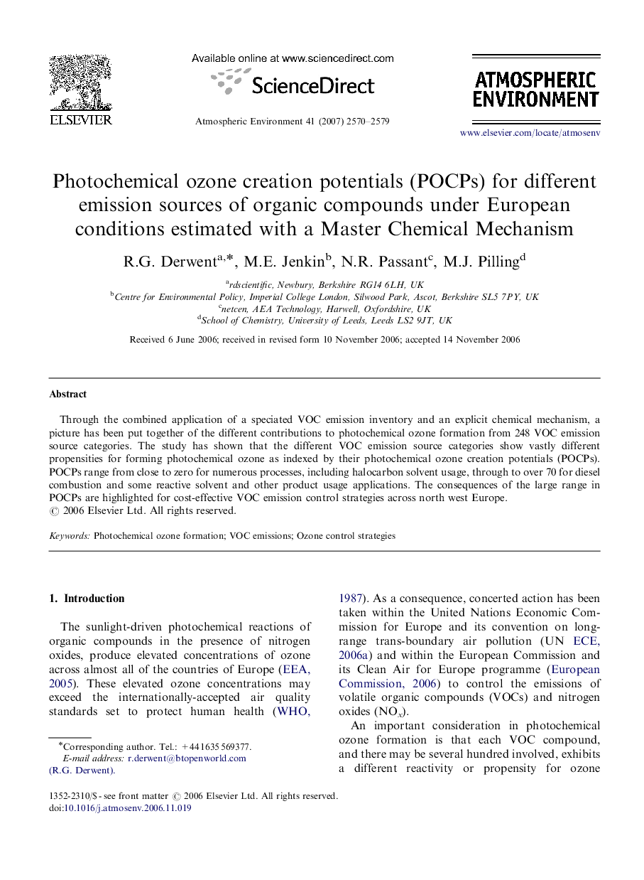 Photochemical ozone creation potentials (POCPs) for different emission sources of organic compounds under European conditions estimated with a Master Chemical Mechanism