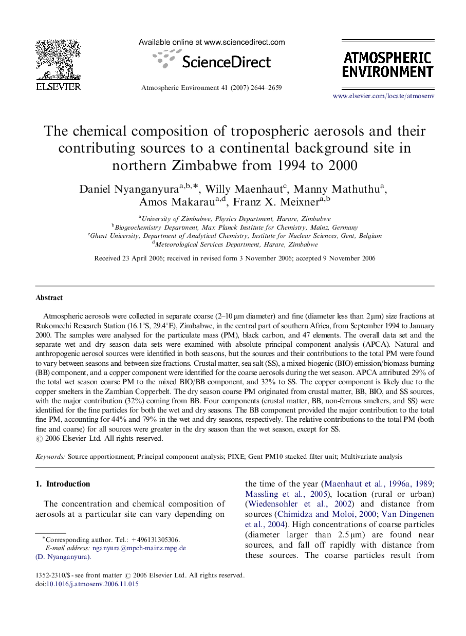 The chemical composition of tropospheric aerosols and their contributing sources to a continental background site in northern Zimbabwe from 1994 to 2000