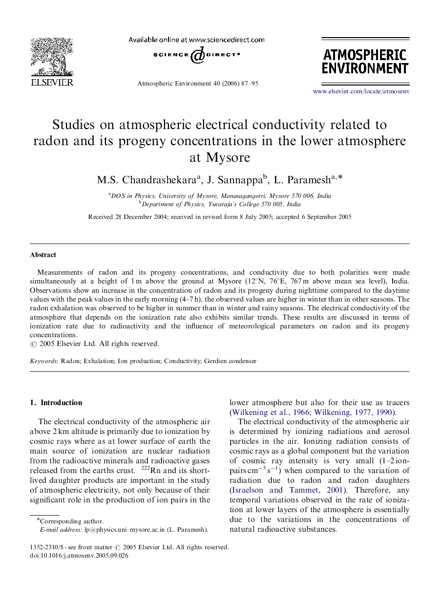 Studies on atmospheric electrical conductivity related to radon and its progeny concentrations in the lower atmosphere at Mysore