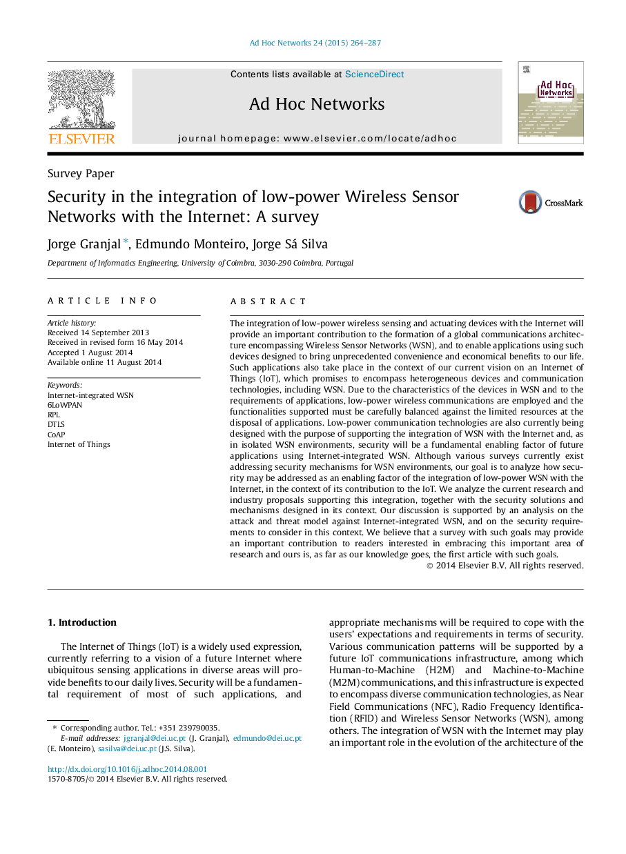 Security in the integration of low-power Wireless Sensor Networks with the Internet: A survey