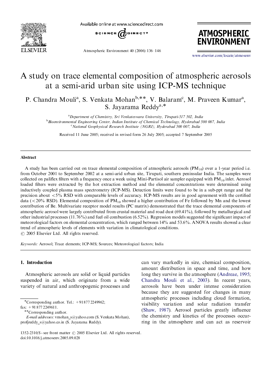 A study on trace elemental composition of atmospheric aerosols at a semi-arid urban site using ICP-MS technique