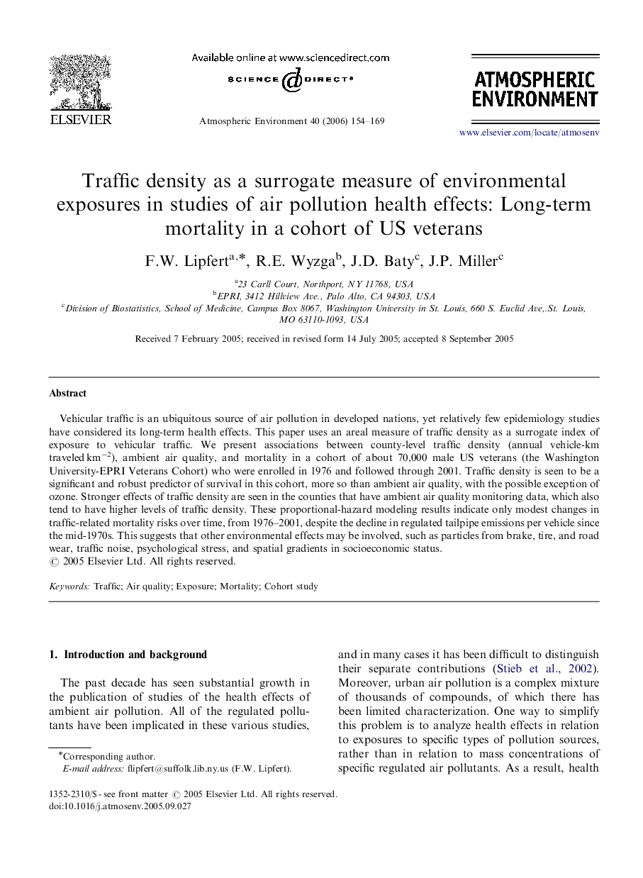 Traffic density as a surrogate measure of environmental exposures in studies of air pollution health effects: Long-term mortality in a cohort of US veterans