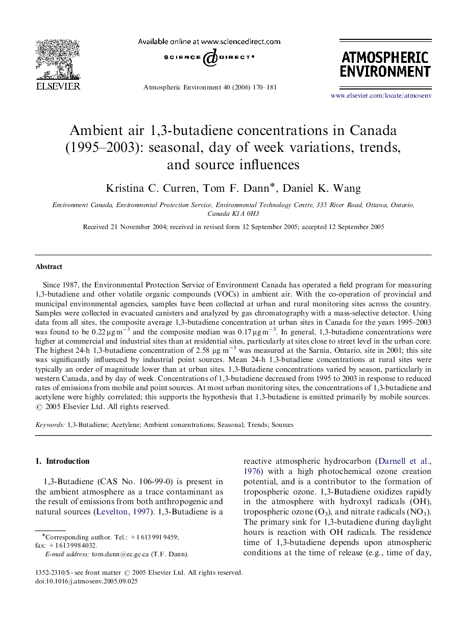 Ambient air 1,3-butadiene concentrations in Canada (1995–2003): seasonal, day of week variations, trends, and source influences