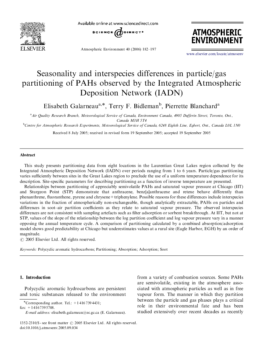 Seasonality and interspecies differences in particle/gas partitioning of PAHs observed by the Integrated Atmospheric Deposition Network (IADN)