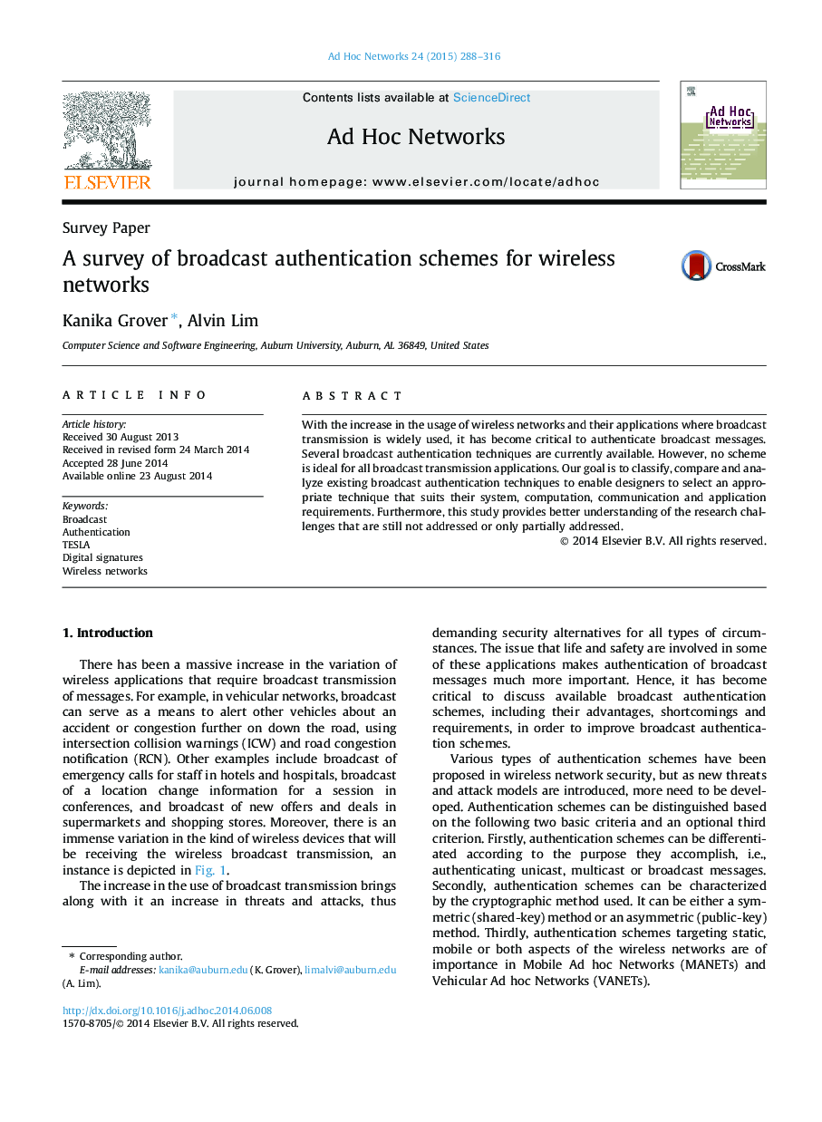 A survey of broadcast authentication schemes for wireless networks