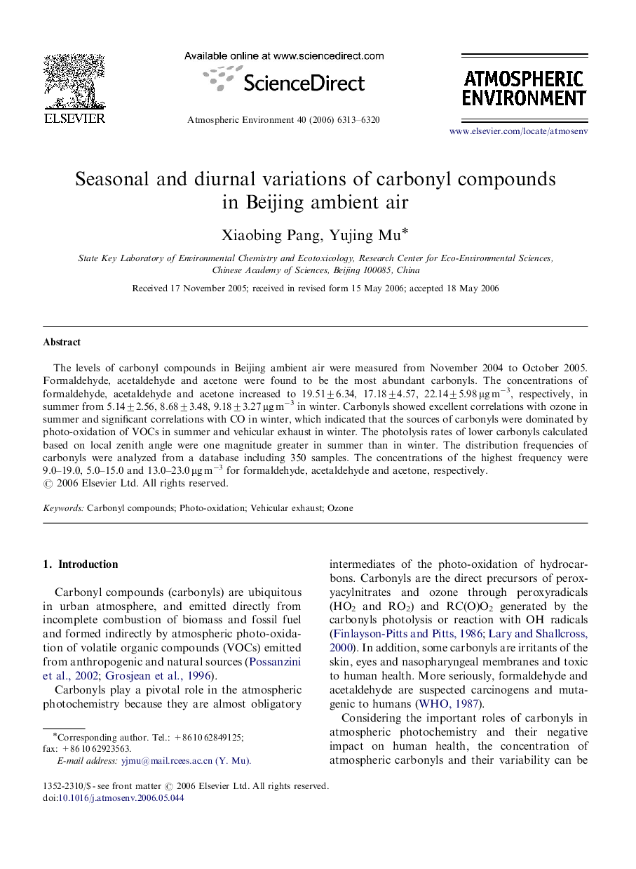 Seasonal and diurnal variations of carbonyl compounds in Beijing ambient air