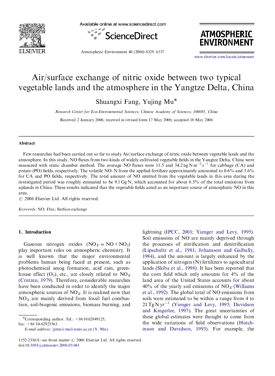 Air/surface exchange of nitric oxide between two typical vegetable lands and the atmosphere in the Yangtze Delta, China