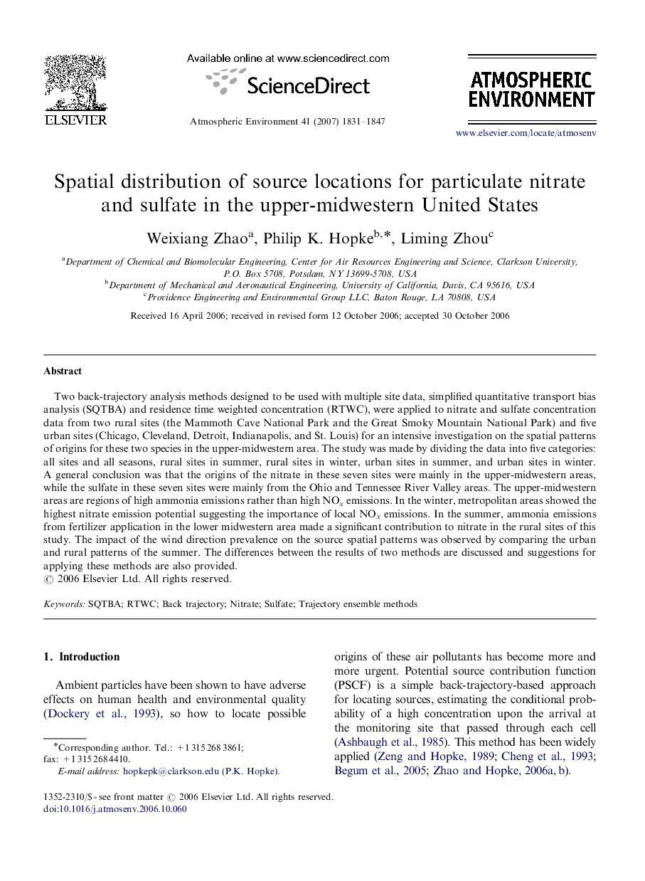 Spatial distribution of source locations for particulate nitrate and sulfate in the upper-midwestern United States