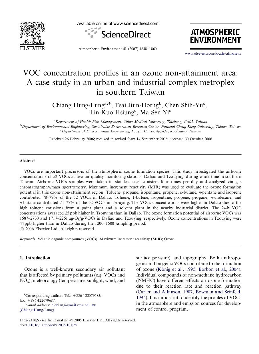 VOC concentration profiles in an ozone non-attainment area: A case study in an urban and industrial complex metroplex in southern Taiwan