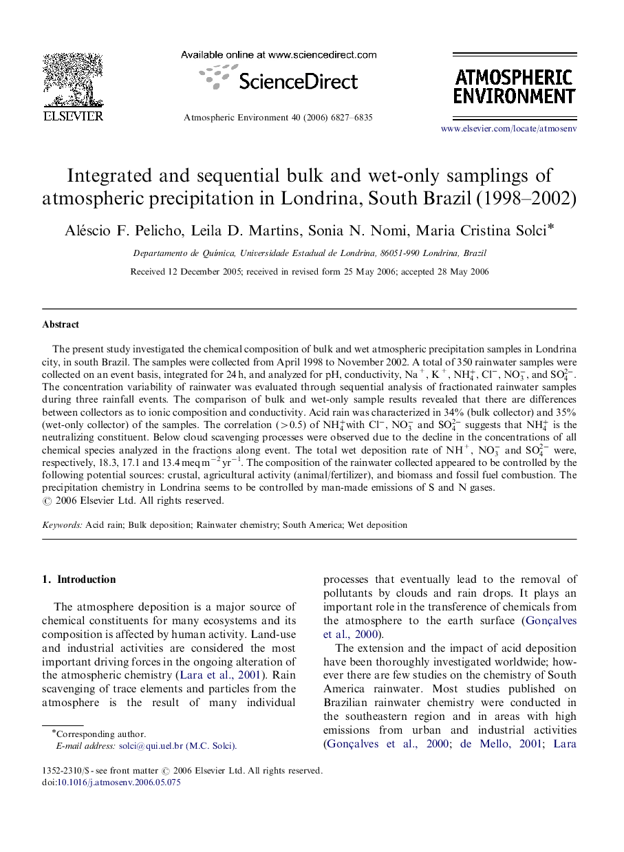 Integrated and sequential bulk and wet-only samplings of atmospheric precipitation in Londrina, South Brazil (1998–2002)