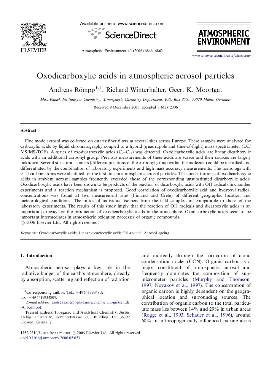 Oxodicarboxylic acids in atmospheric aerosol particles