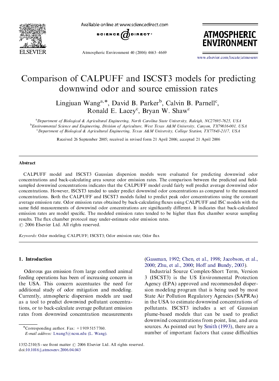 Comparison of CALPUFF and ISCST3 models for predicting downwind odor and source emission rates