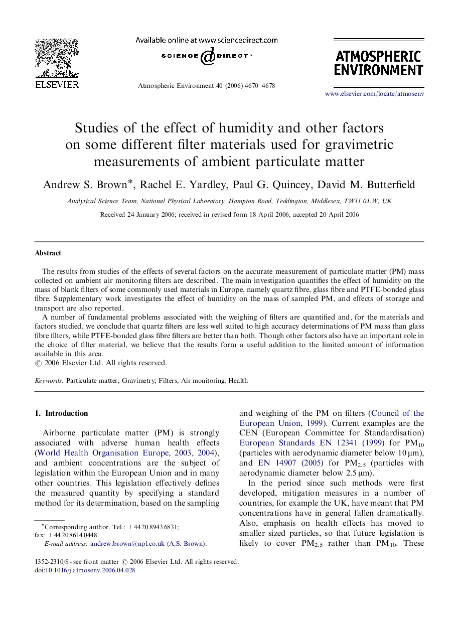 Studies of the effect of humidity and other factors on some different filter materials used for gravimetric measurements of ambient particulate matter