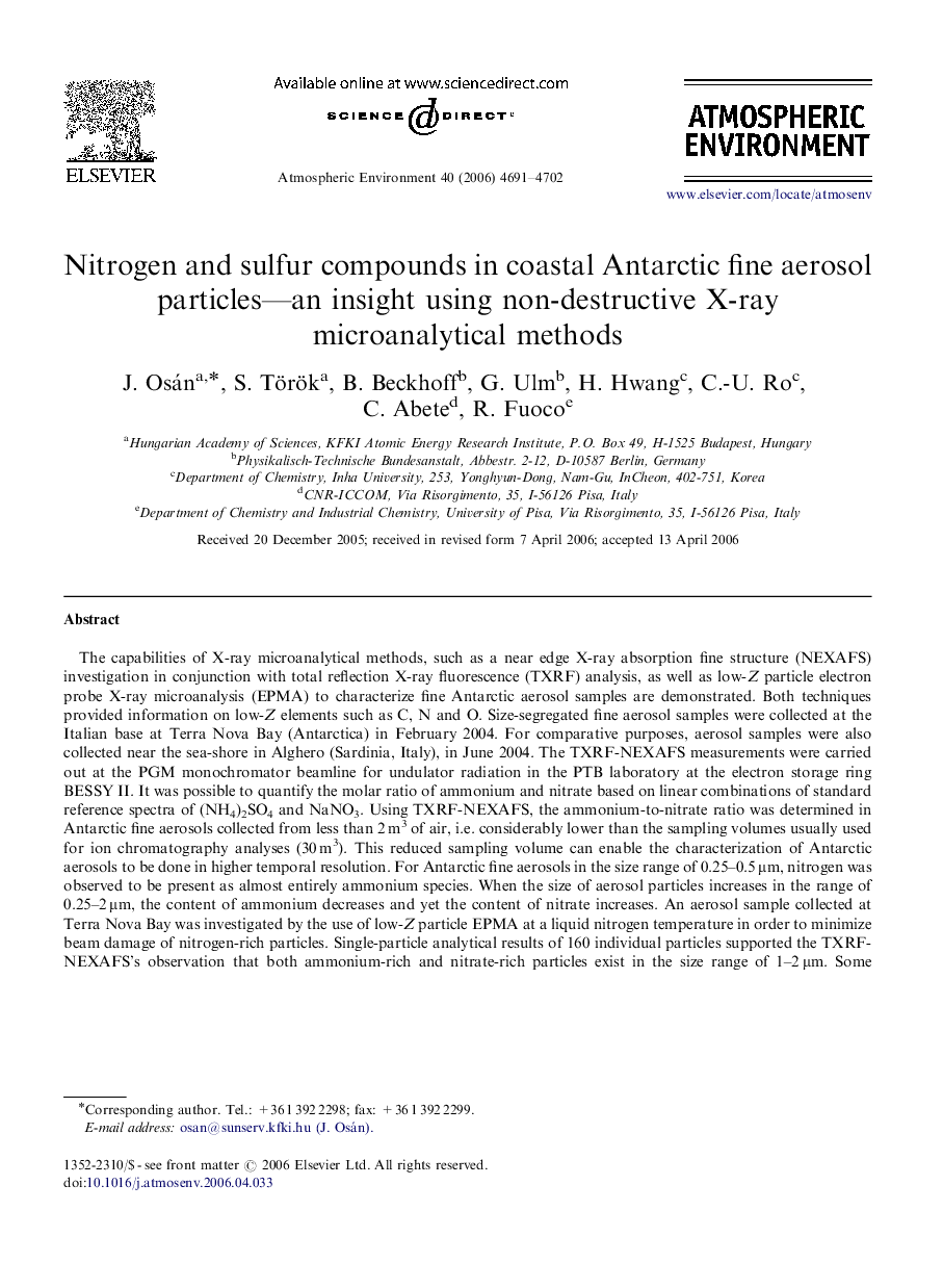 Nitrogen and sulfur compounds in coastal Antarctic fine aerosol particles—an insight using non-destructive X-ray microanalytical methods