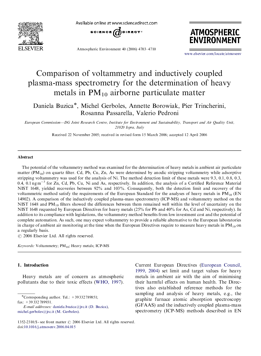 Comparison of voltammetry and inductively coupled plasma-mass spectrometry for the determination of heavy metals in PM10 airborne particulate matter