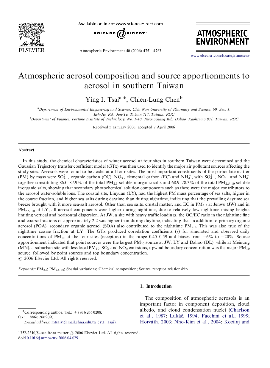 Atmospheric aerosol composition and source apportionments to aerosol in southern Taiwan