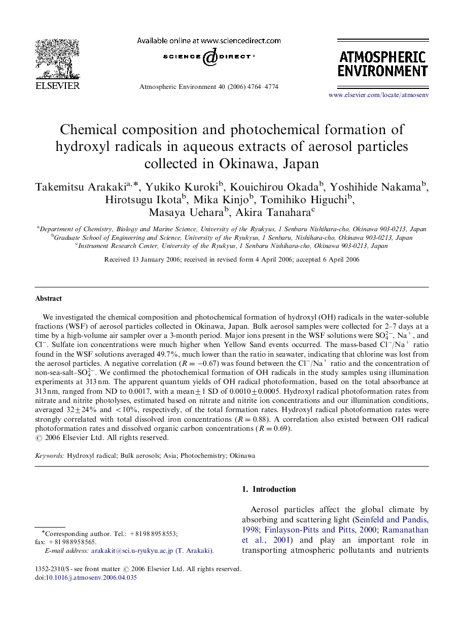 Chemical composition and photochemical formation of hydroxyl radicals in aqueous extracts of aerosol particles collected in Okinawa, Japan