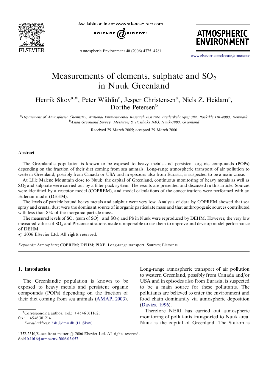 Measurements of elements, sulphate and SO2 in Nuuk Greenland