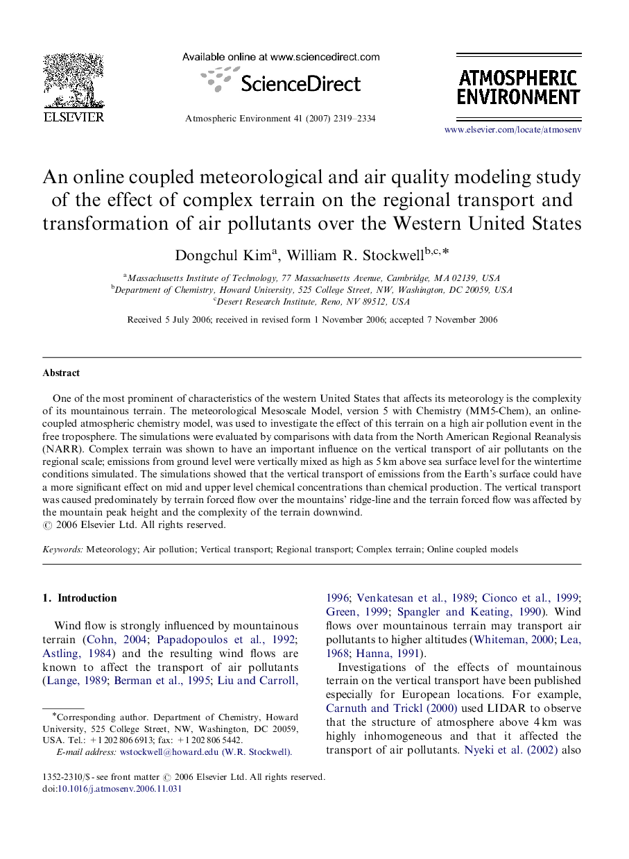 An online coupled meteorological and air quality modeling study of the effect of complex terrain on the regional transport and transformation of air pollutants over the Western United States